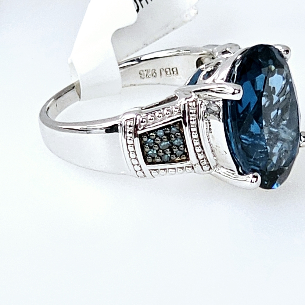 Natural London Blue Topaz & Teal Diamond Ring in Sterling Silver Sz 9! - Picture 8 of 16